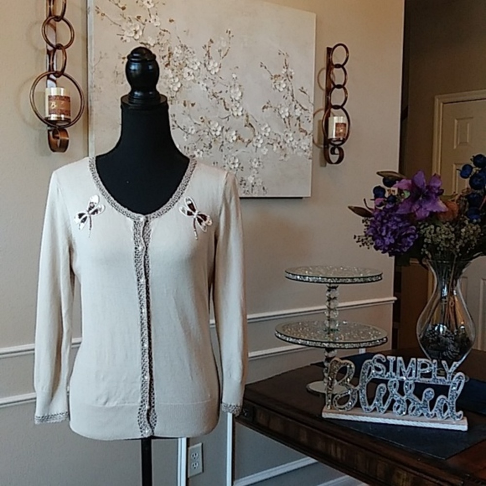 Tan Embellished Dragonflies Buttoned Cardigan Sweater. Size M